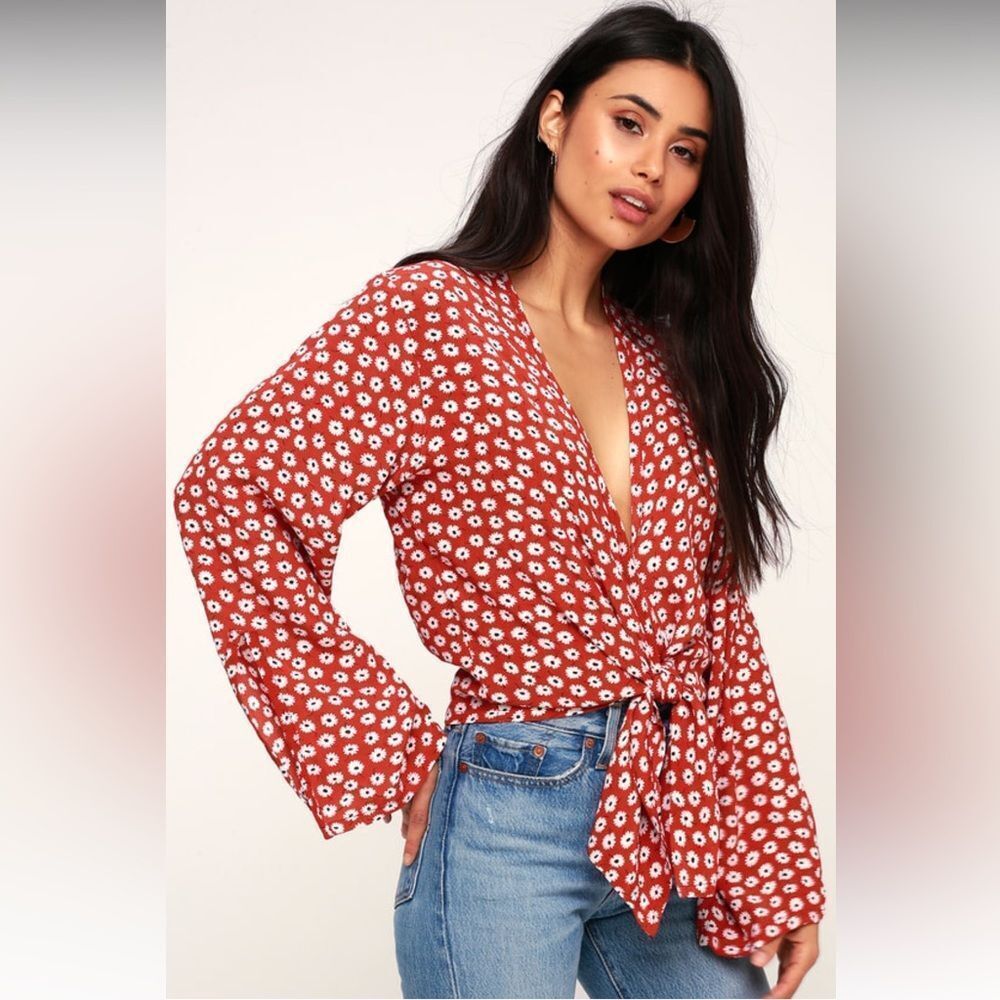 Faithfull the Brand Teguise Red Floral Print Tie-Front Top, Size‎ 6, NWT
